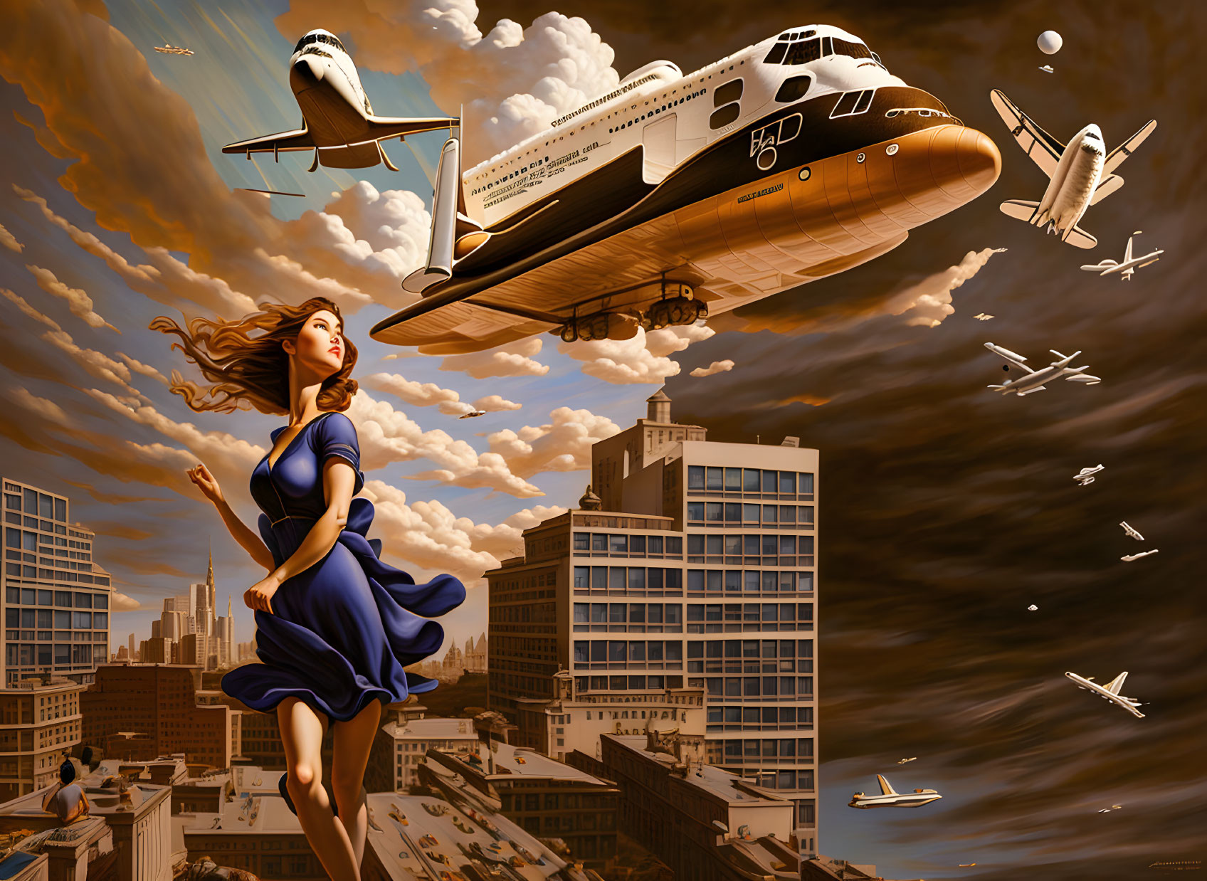 Surreal artwork featuring woman in blue dress amid flying airplanes and spacecraft above stormy cityscape