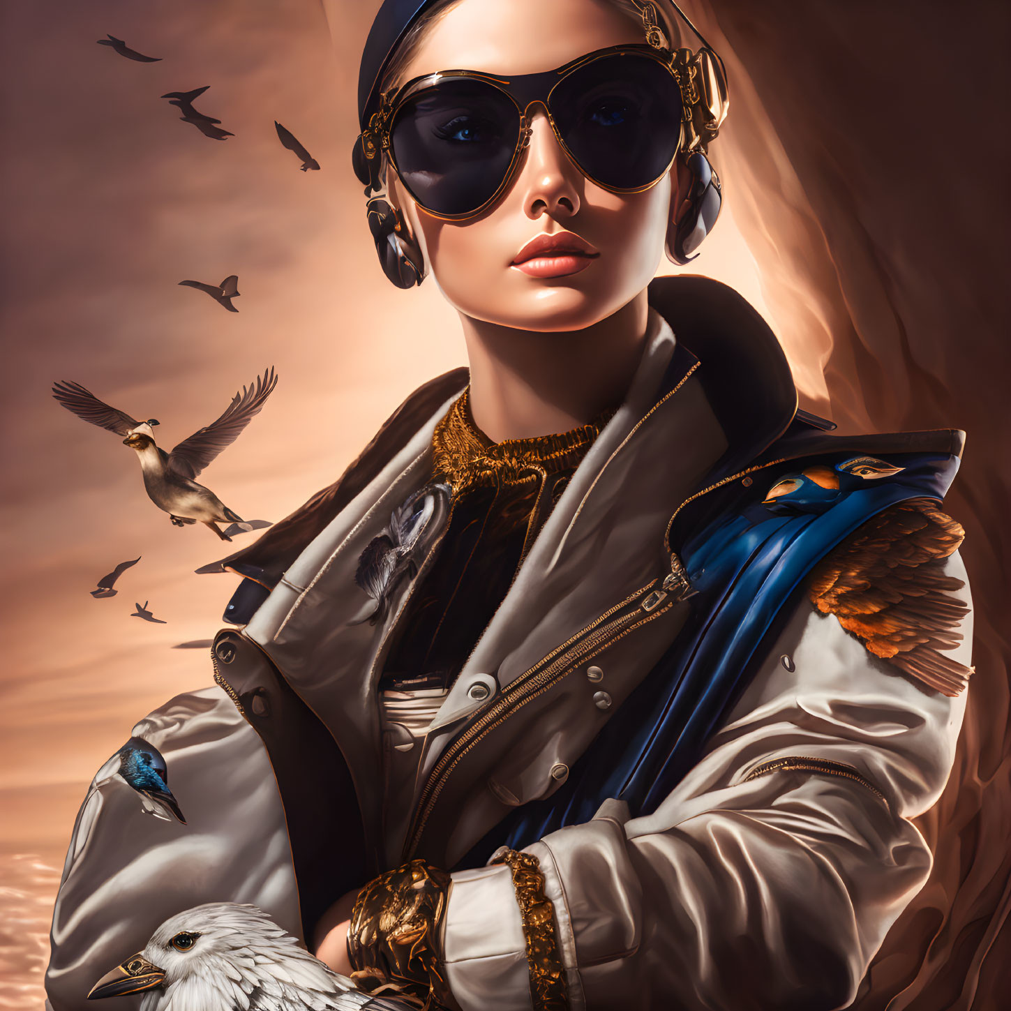 Stylized illustration of woman in sunglasses and bomber jacket at sunset