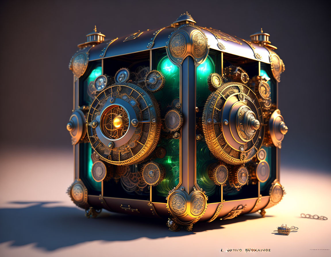 Steampunk-inspired cubic object with brass gears and teal panels