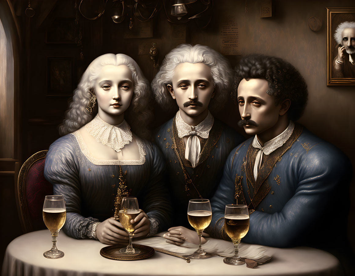 Three people in period attire with lace collars and curls at a table with golden goblets in a