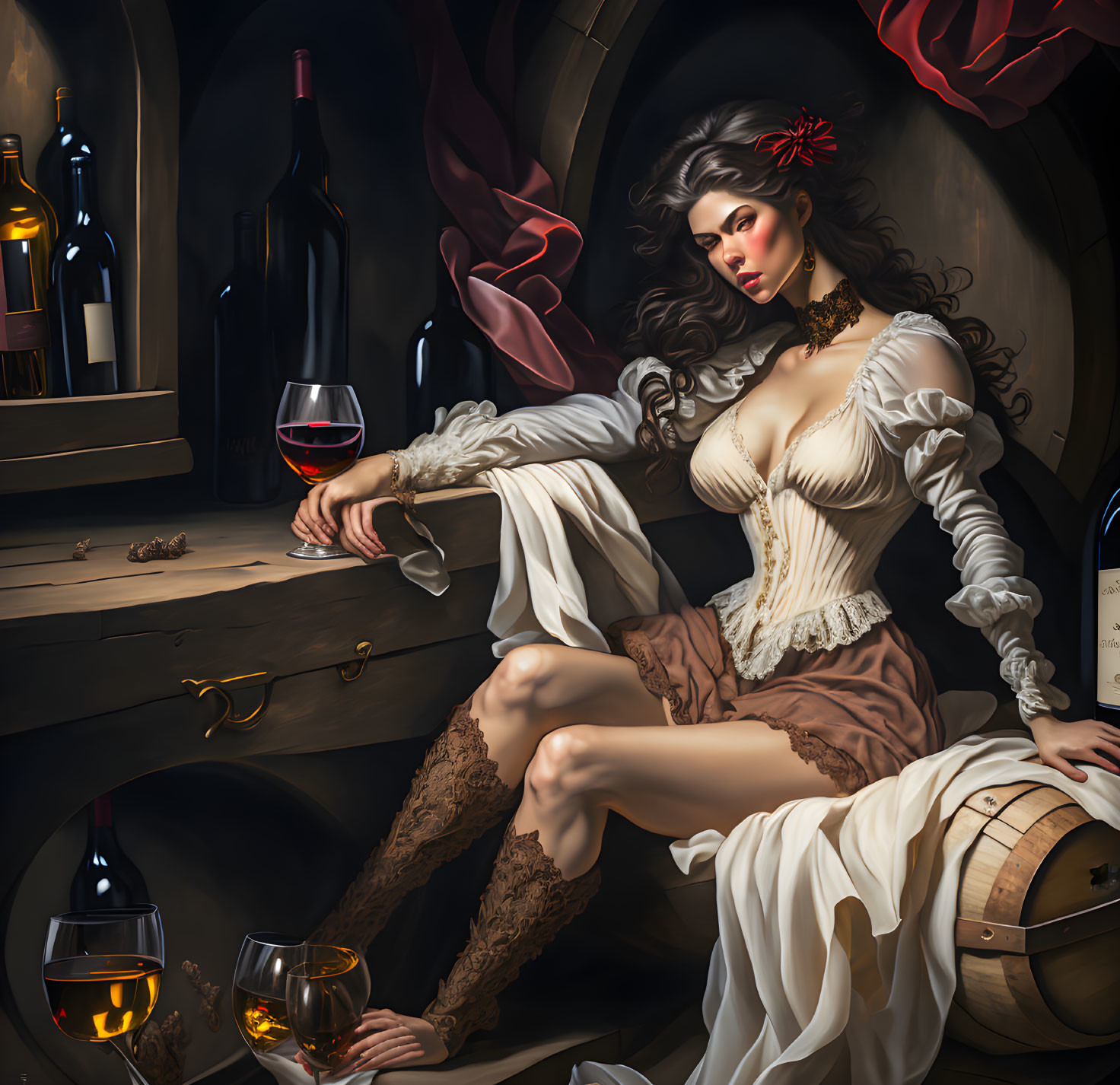 Historically dressed woman with wine bottles at candle-lit table