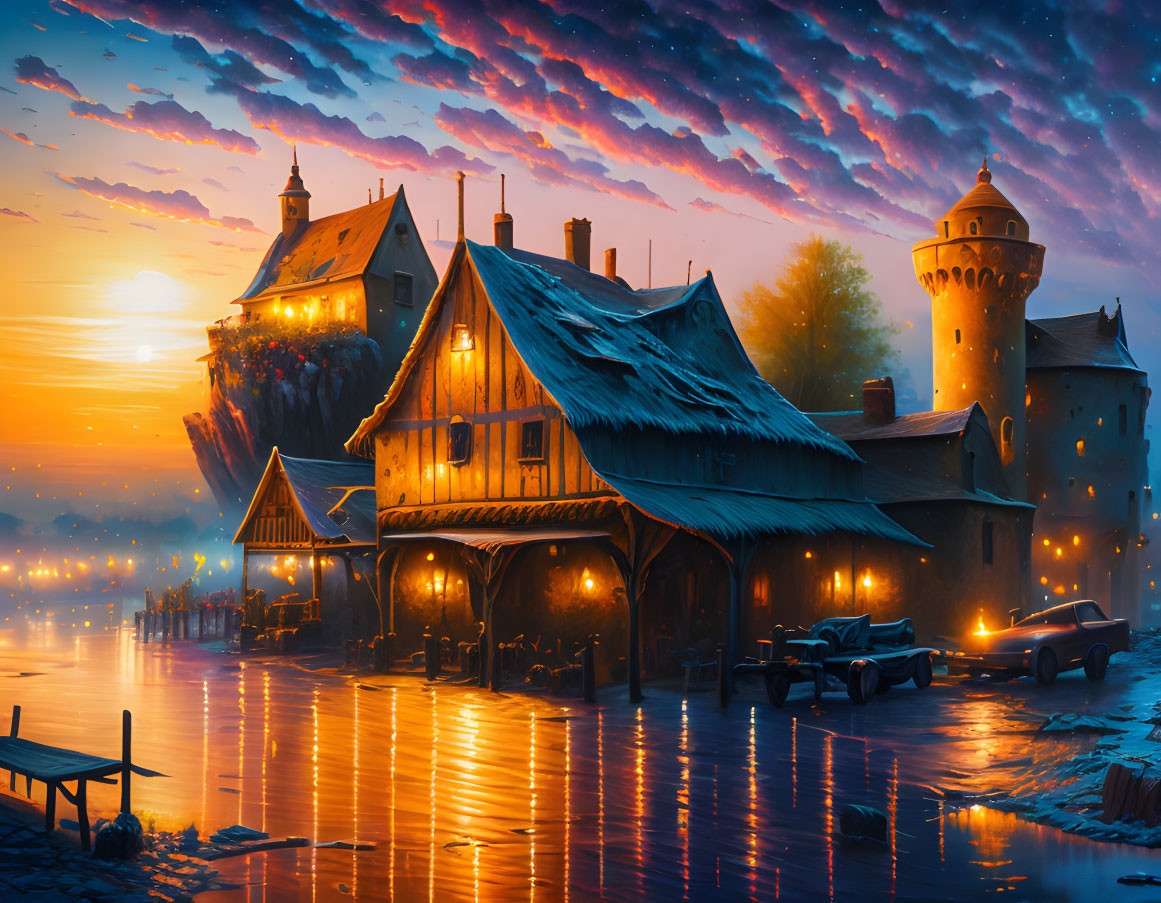 Medieval village at sunset by reflective waterfront