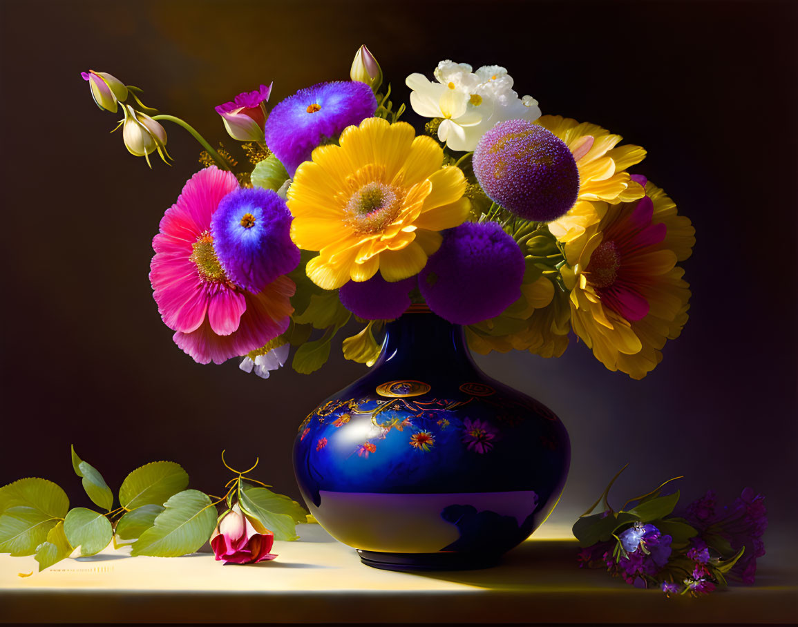 Assorted flowers in blue vase on dark background