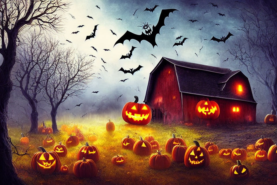 Spooky Halloween scene with carved pumpkins, red barn, bare trees, and flying bats