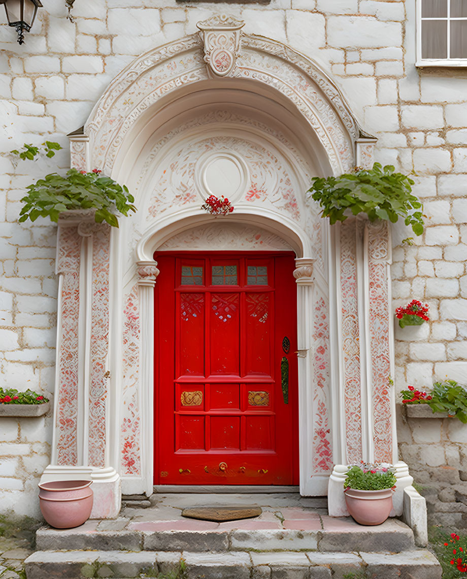 Red floral-patterned arched white stone entryway with potted plants