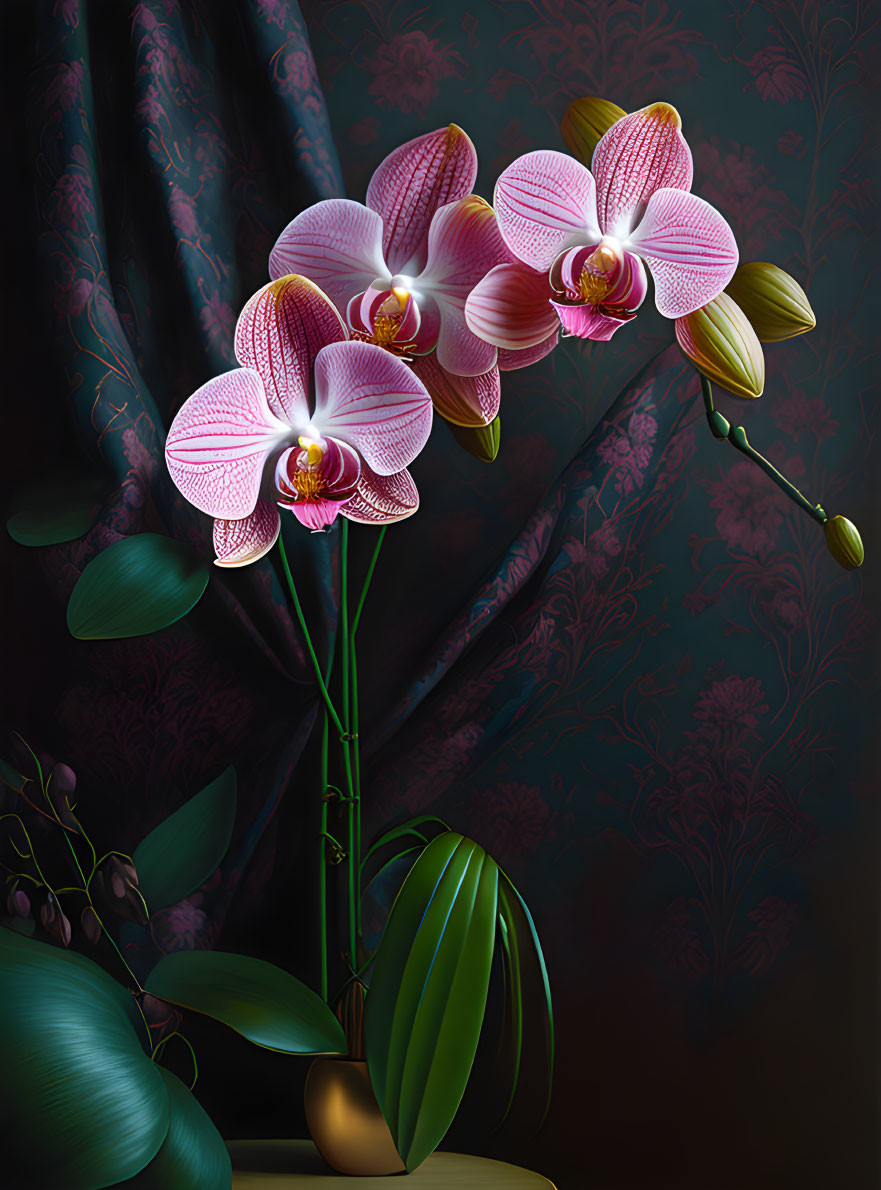 Pink and White Orchids on Dark Patterned Background