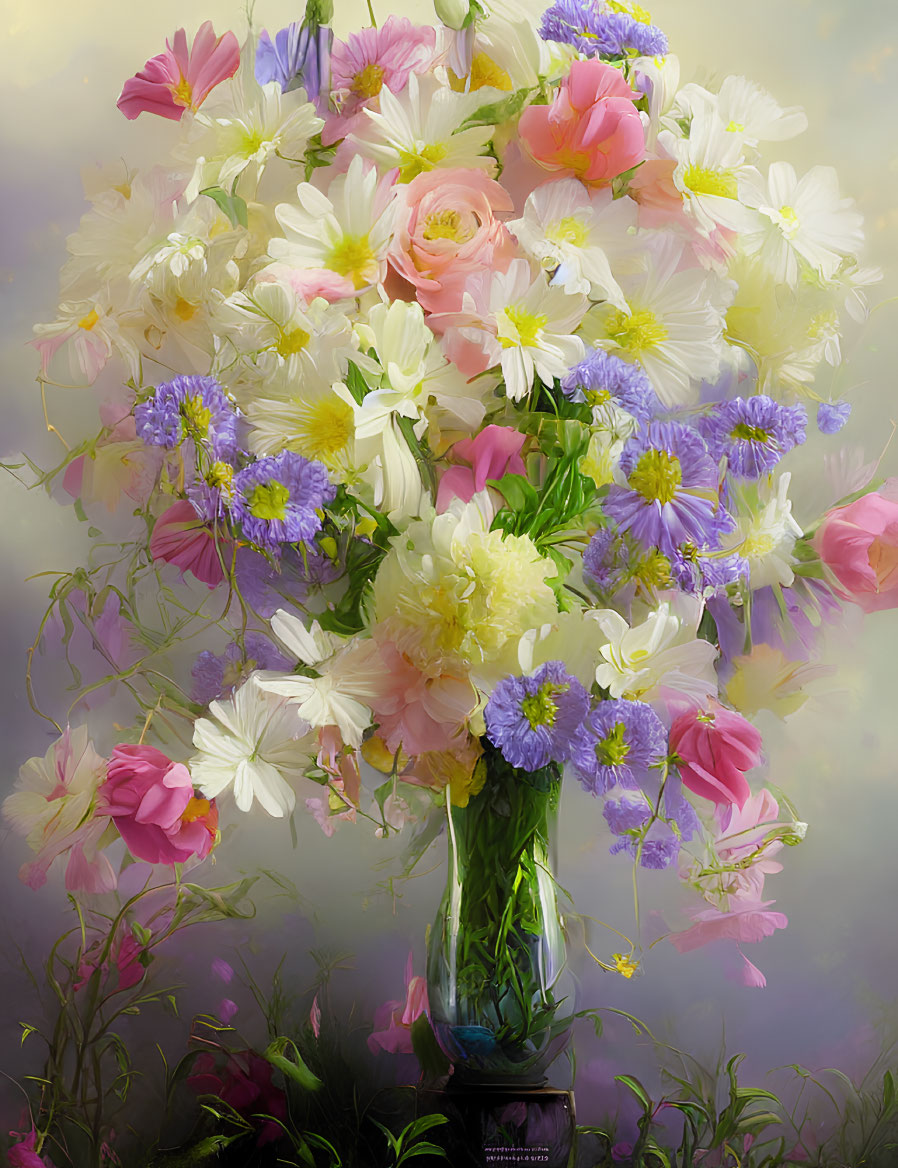 Colorful Mixed Flower Bouquet in Glass Vase with Pink Roses, White Daisies, and