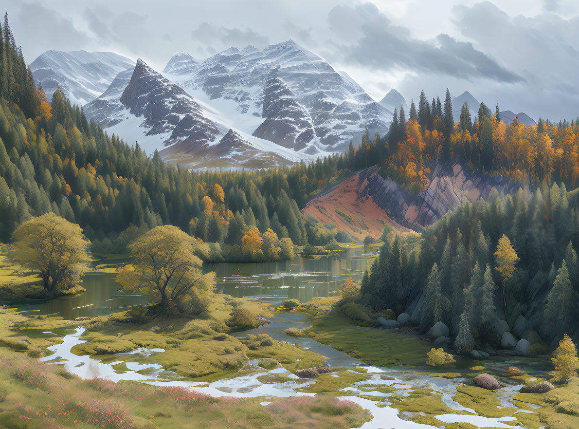 Autumnal forest and snow-capped peaks in serene mountain landscape