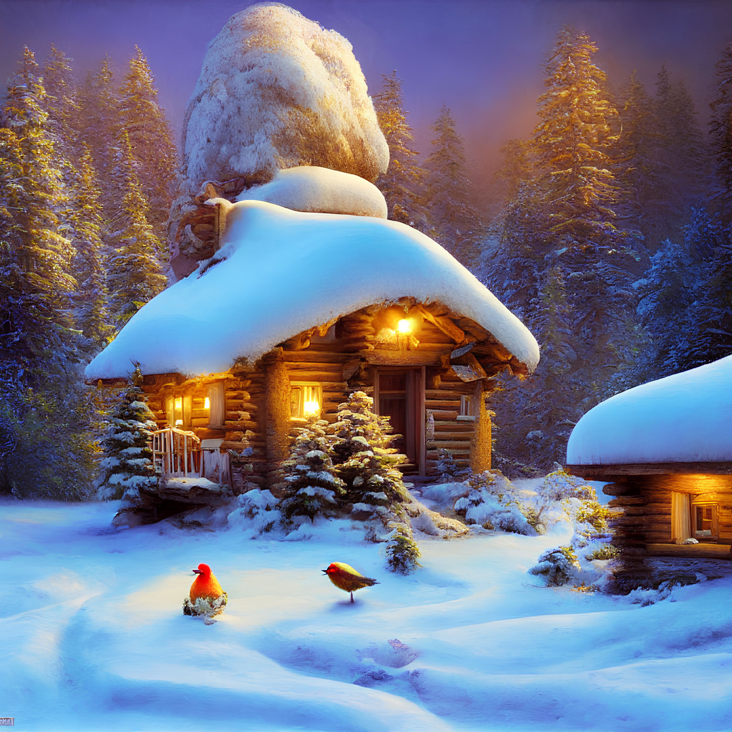 Snowy forest scene with cozy wooden cabin and red birds