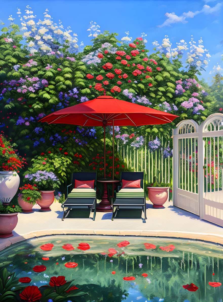 Tranquil garden with red umbrella, lounge chairs, lilies, pond, lush flora, and