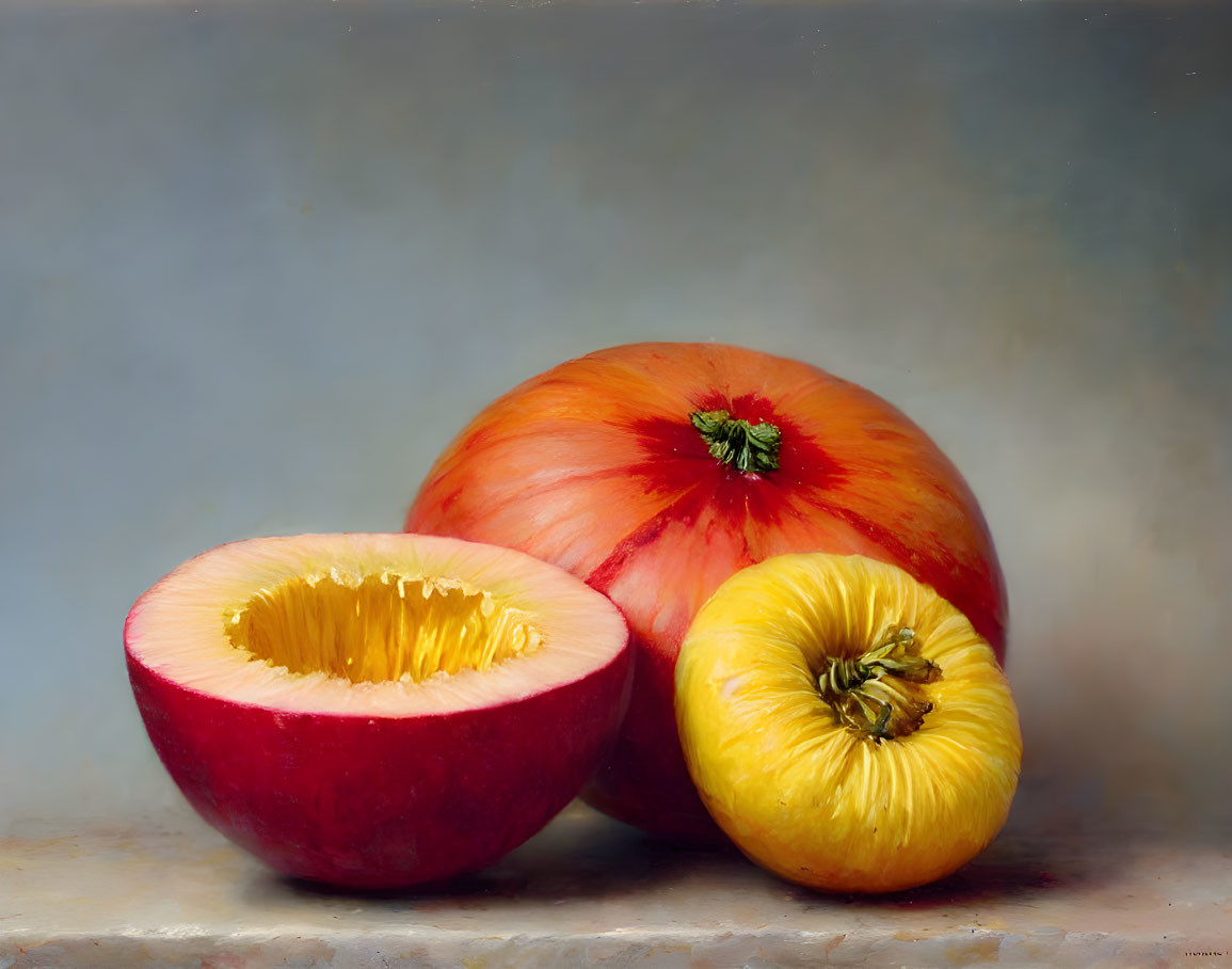 Realistic still life painting of two apples, one whole and one halved