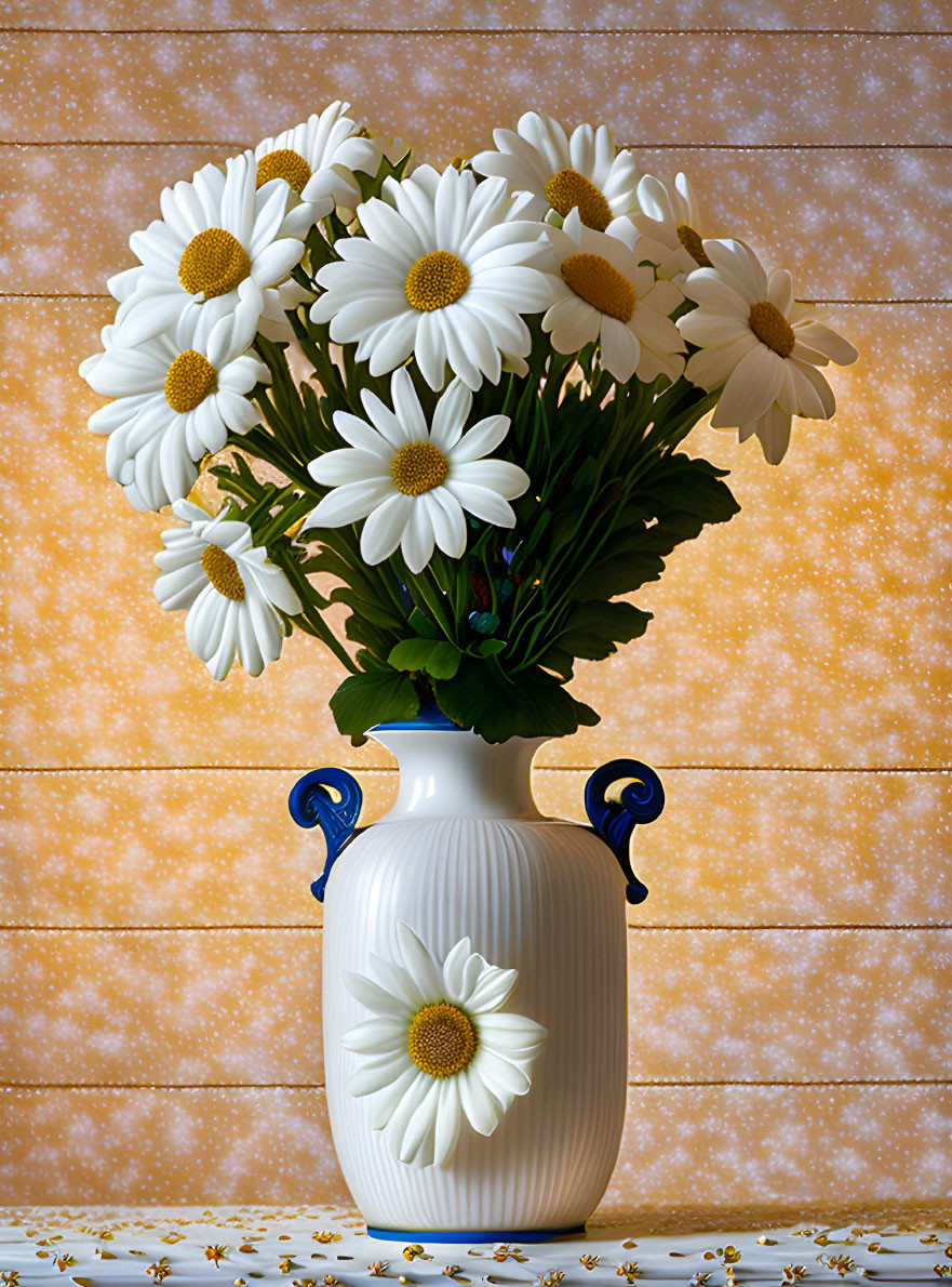 White Vase with Blue Handles and Fresh Daisies on Glittery Orange Table