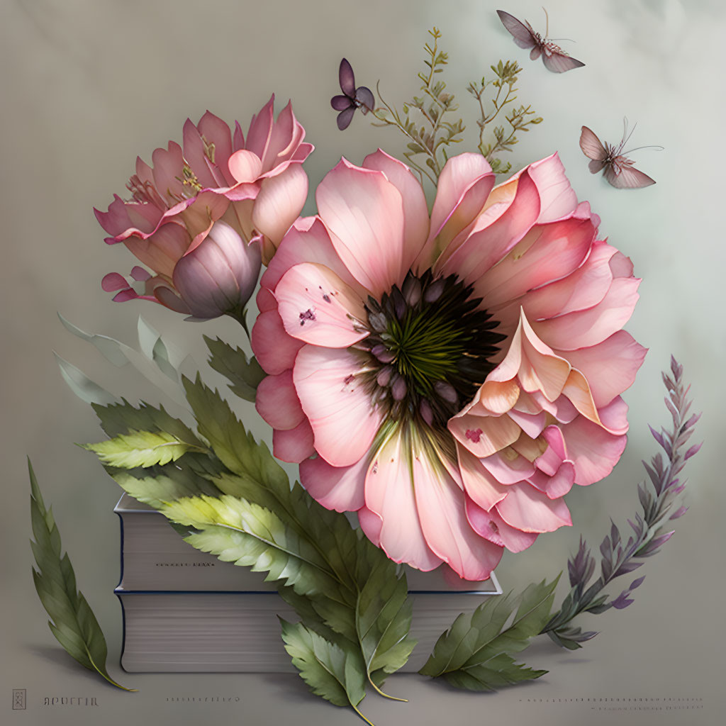 Large Pink Flower on Stack of Books with Blooms and Insects