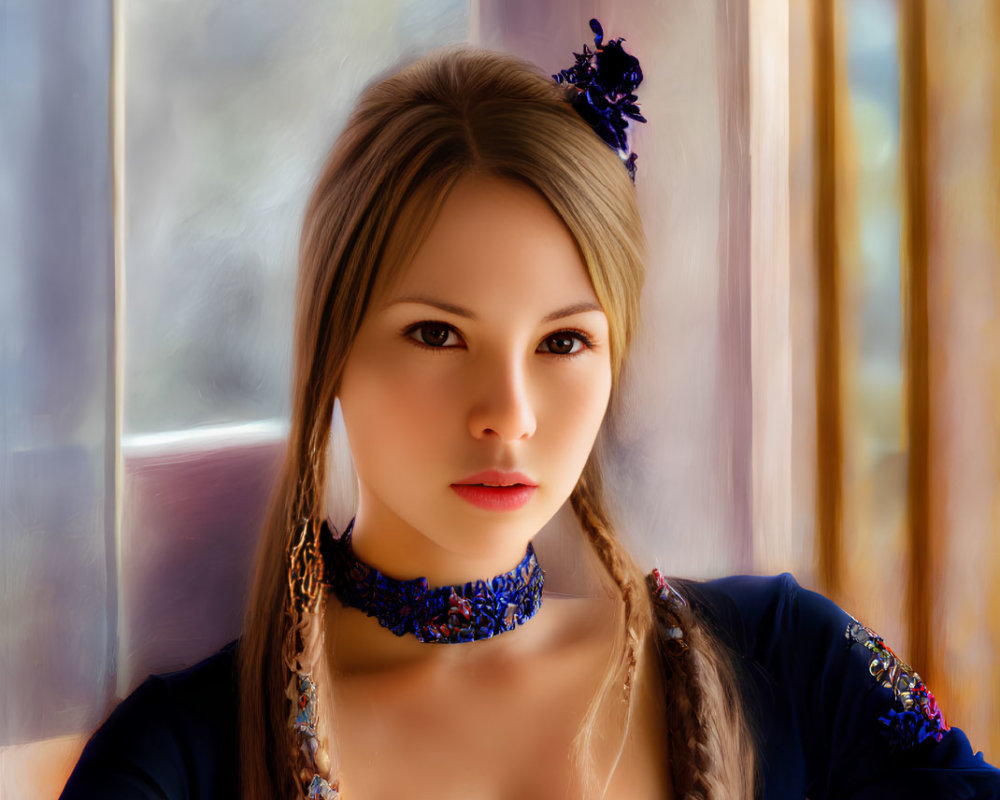 Blonde woman with braided hair and blue flowers, wearing necklace, facing camera.