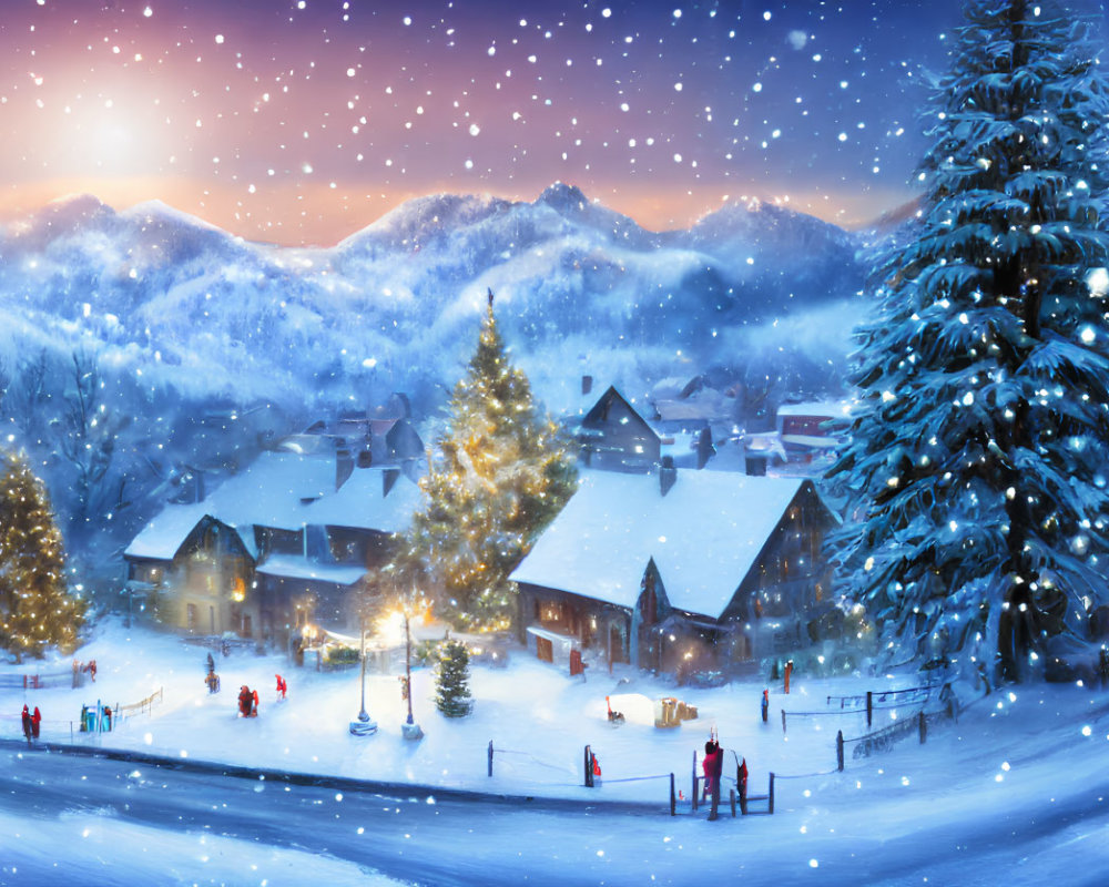 Winter Village Scene: Snowy Dusk with Christmas Tree & Cozy Houses