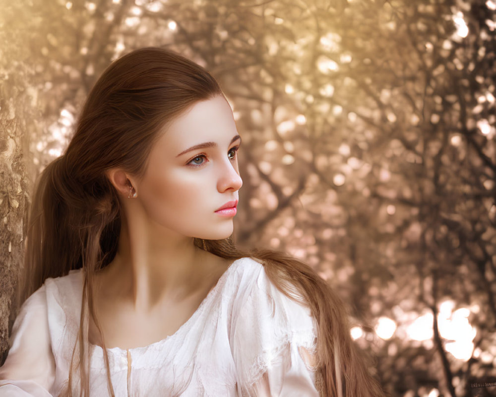 Woman with long brown hair in white dress leaning against tree in serene forest scene