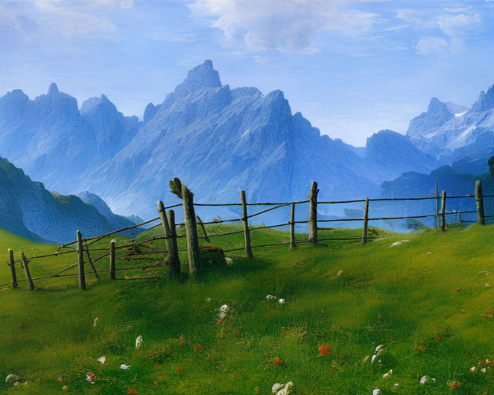 Scenic green meadow with wildflowers and mountains