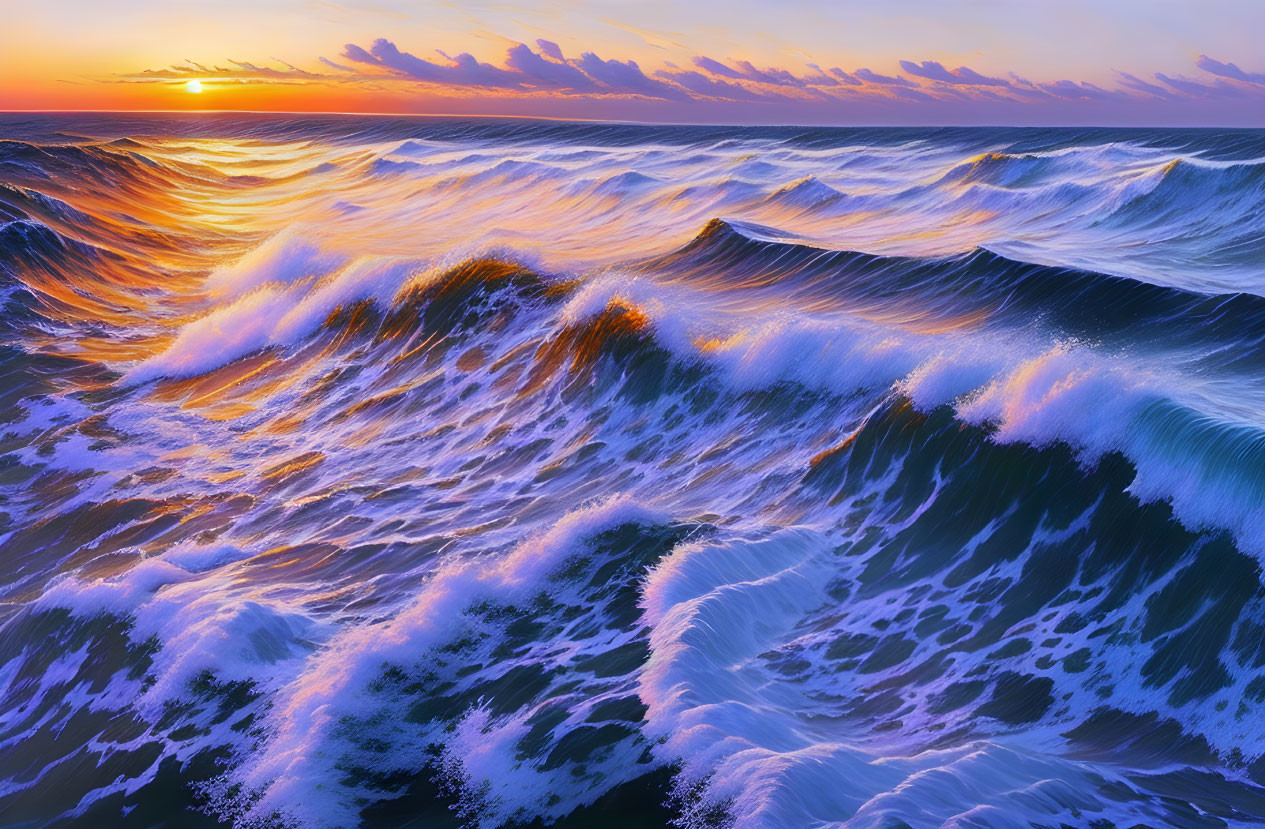 Vibrant sunset over choppy sea with frothy waves under orange and blue sky