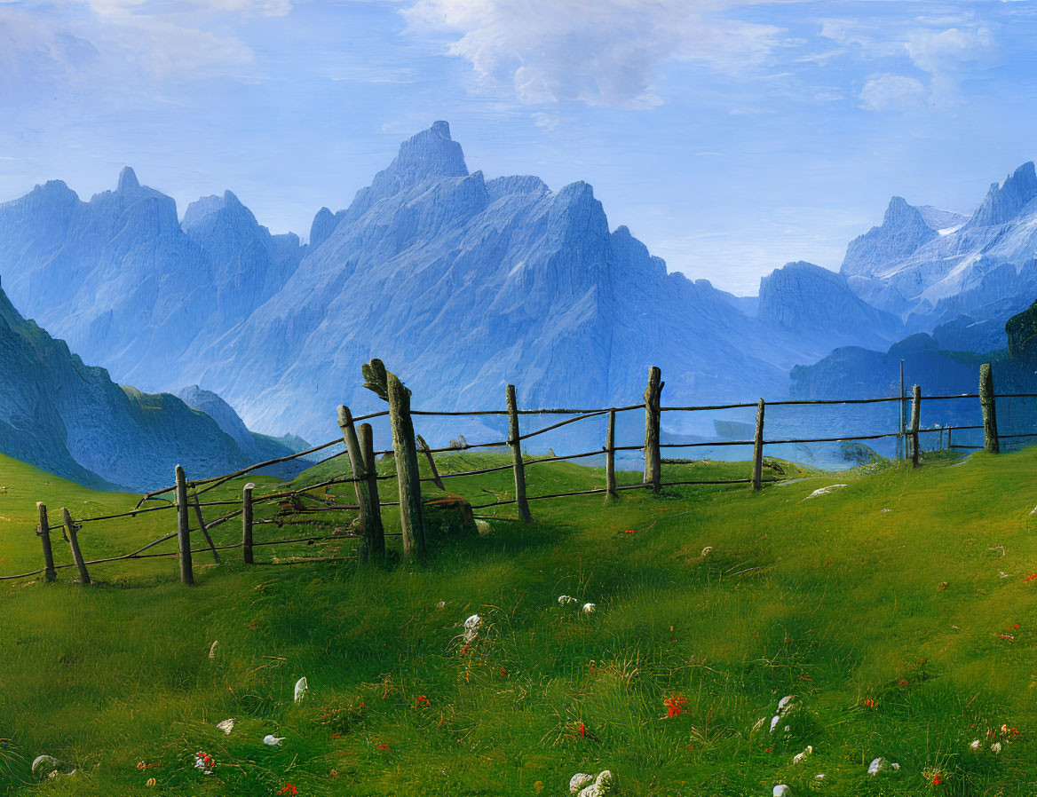 Scenic green meadow with wildflowers and mountains