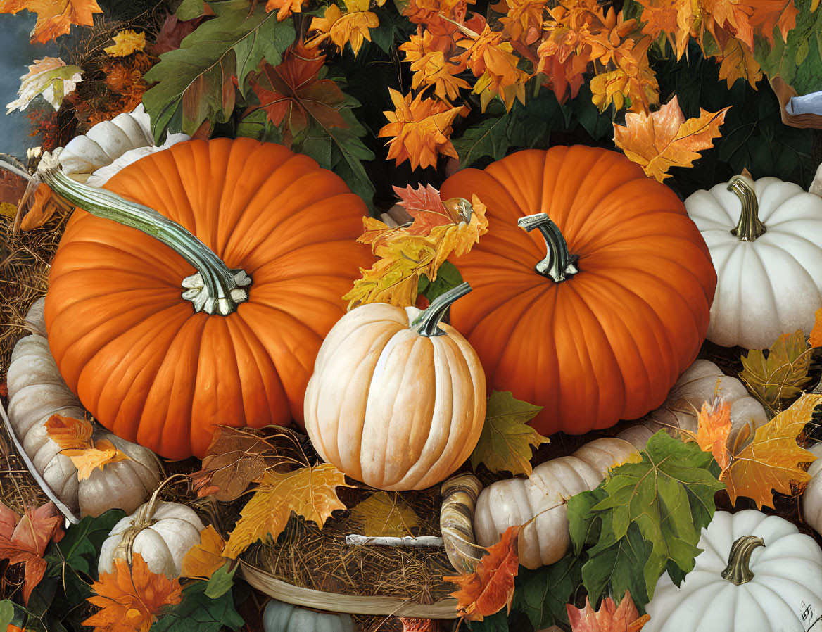 Vibrant autumn scene with pumpkins, gourds, and leaves