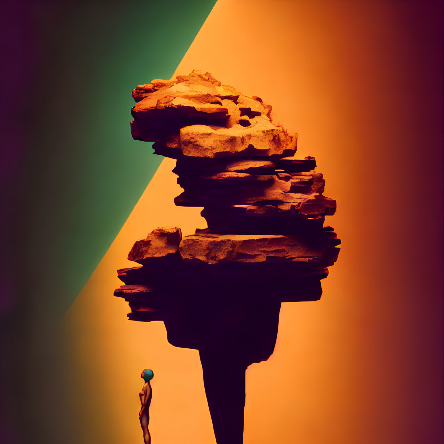 Silhouette overlaid with stacked rocks on vibrant background