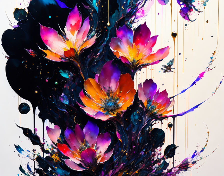 Colorful Abstract Floral Painting with Splatters and Drips on White Background