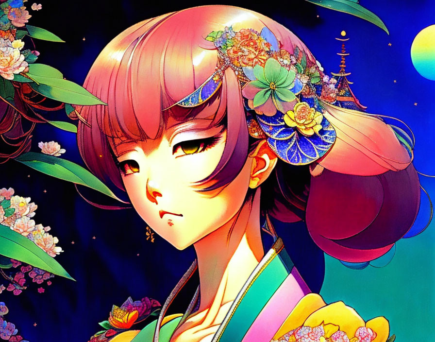 Pink-haired female figure with ornate hair accessories in vibrant night sky with floral elements