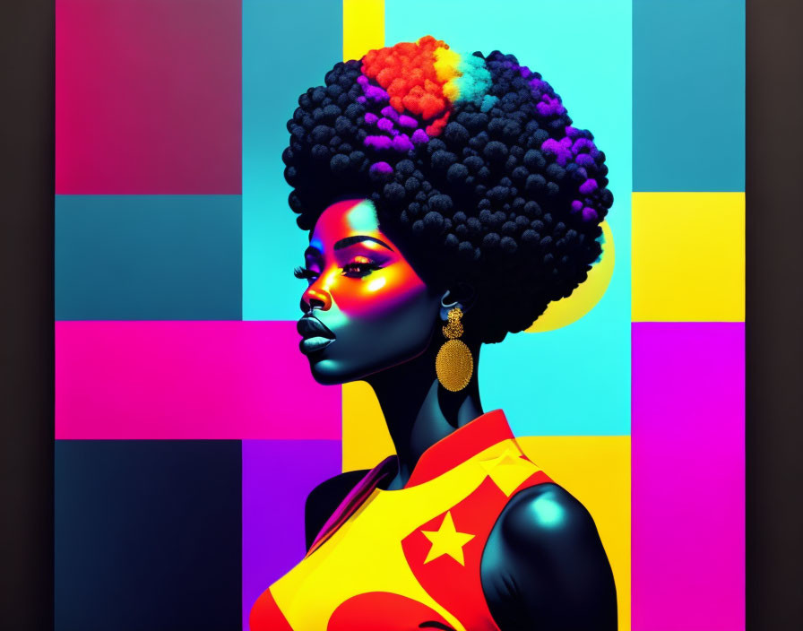 Colorful digital portrait of woman with afro on vibrant geometric backdrop