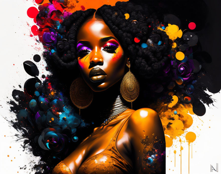 Colorful digital artwork: Woman with striking makeup and abstract elements in curly hair