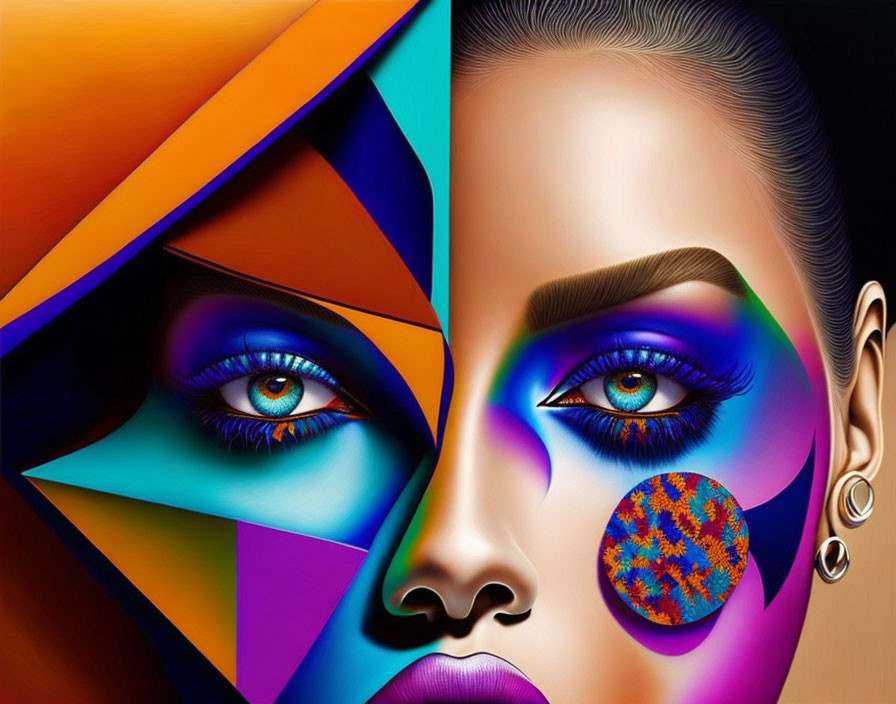 Vibrant blue eyes highlighted by colorful geometric shapes