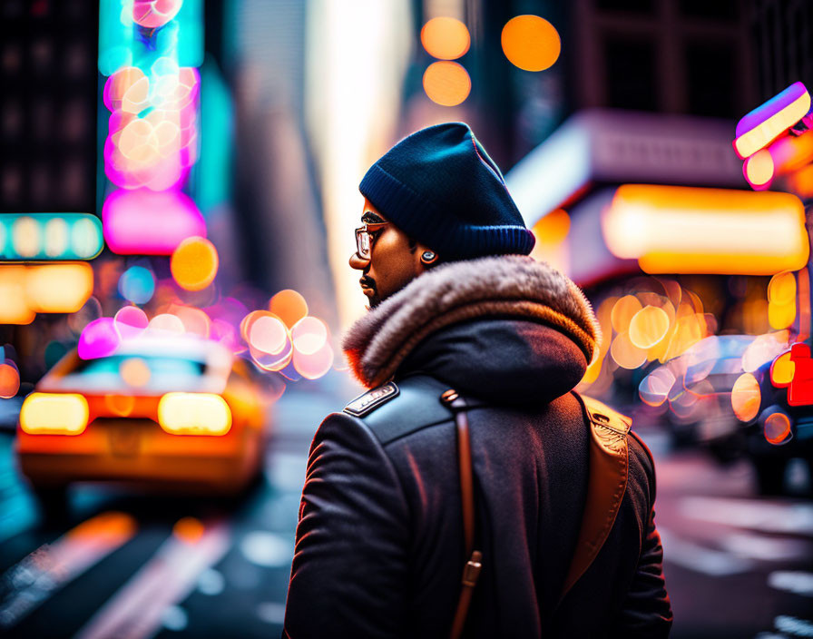 Person in Beanie and Jacket Glancing on City Street at Night with Neon Lights