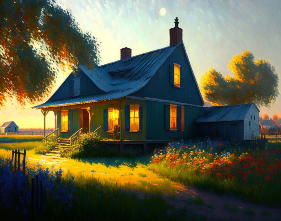 Charming blue cottage in lush garden at sunset