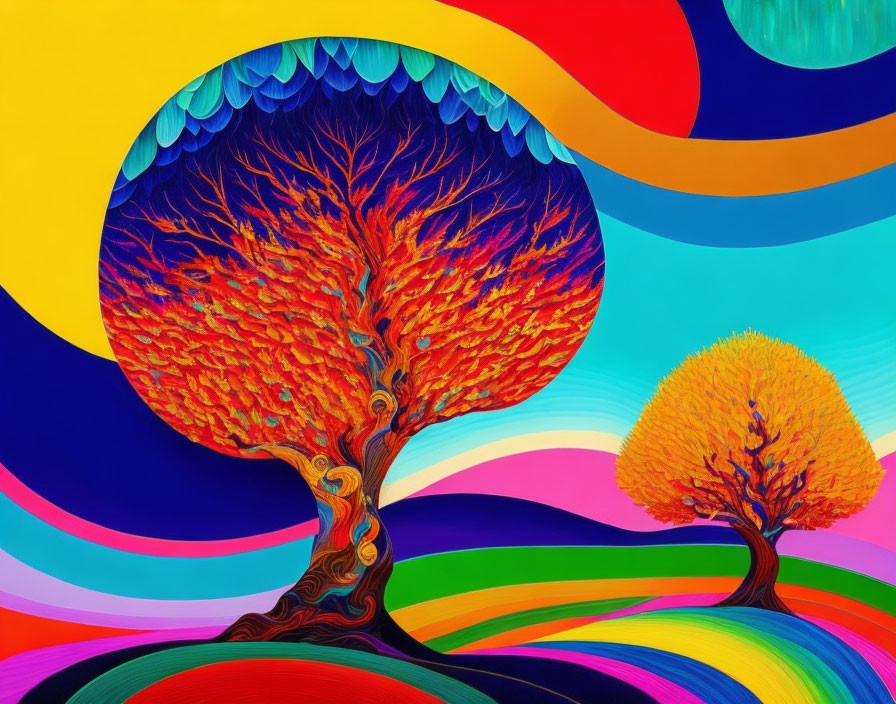 Surreal landscape with fiery tree and colorful background