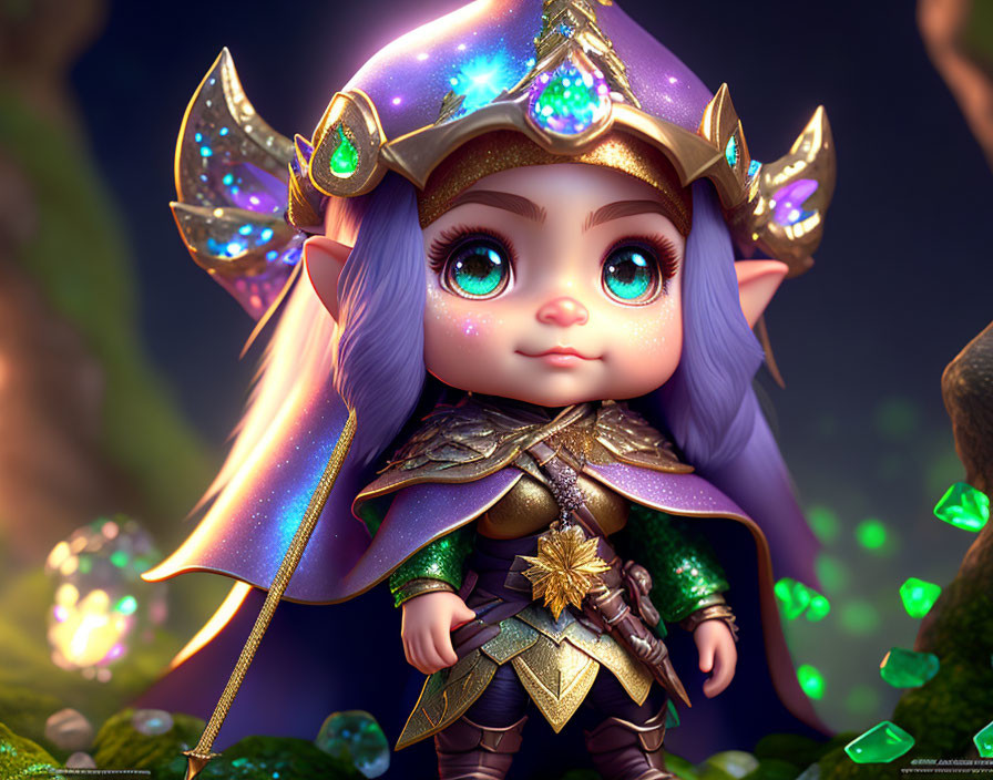 Pointed-eared character in gold-trimmed purple armor with glowing crystal helmet in enchanted forest