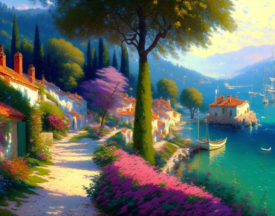 Serene lakeside village painting with colorful flora and calm waters