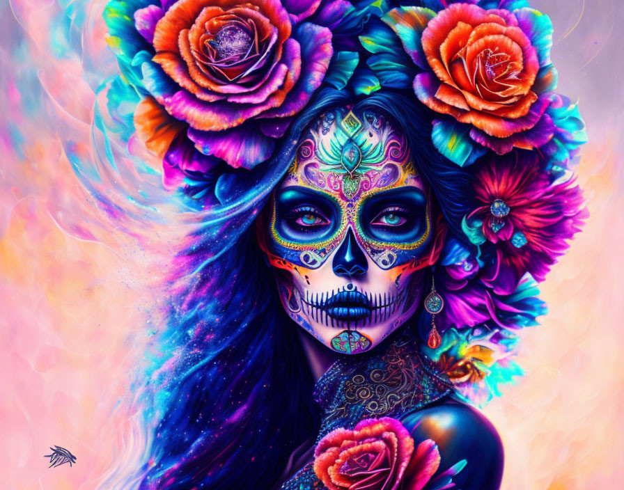 Colorful Day of the Dead Woman Artwork on Purple Background