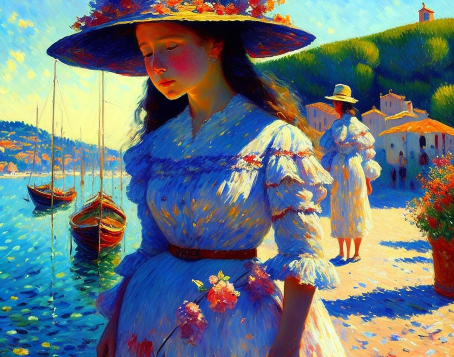 Woman in blue dress and wide-brimmed hat by sunlit sea with sailboats in vibrant impression