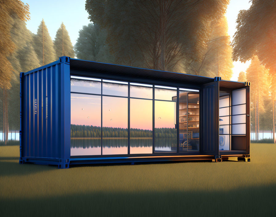 Modern Shipping Container Home with Large Glass Windows Overlooking Tranquil Forest and Lake at Sunset