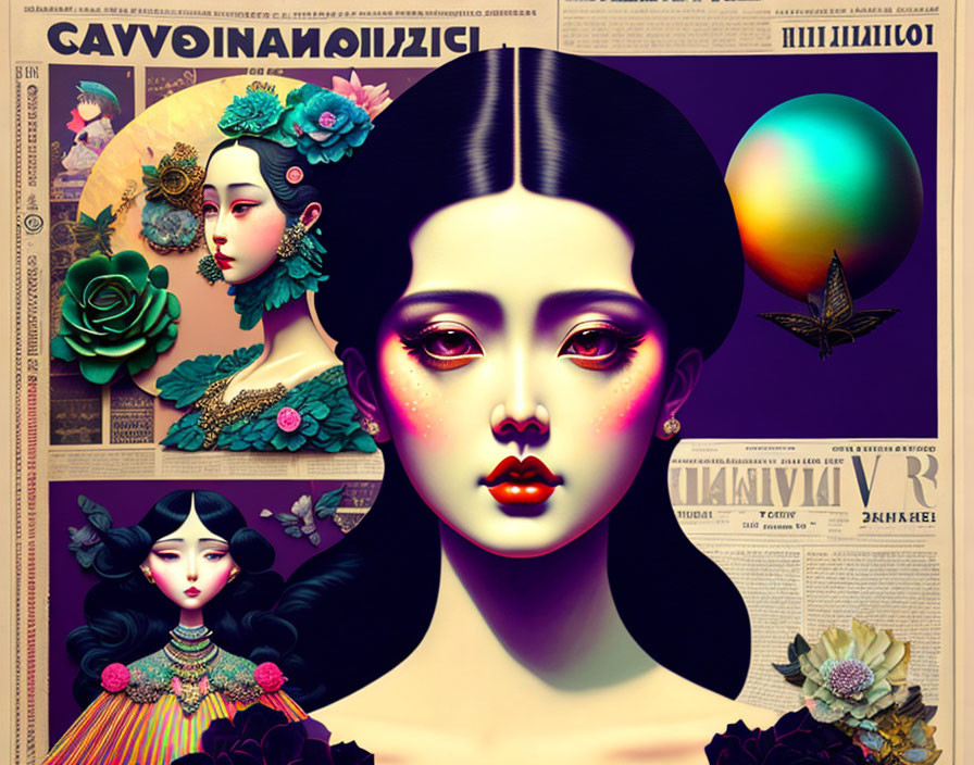 Vibrant digital artwork: Woman's portrait with smaller versions and newspaper clippings.