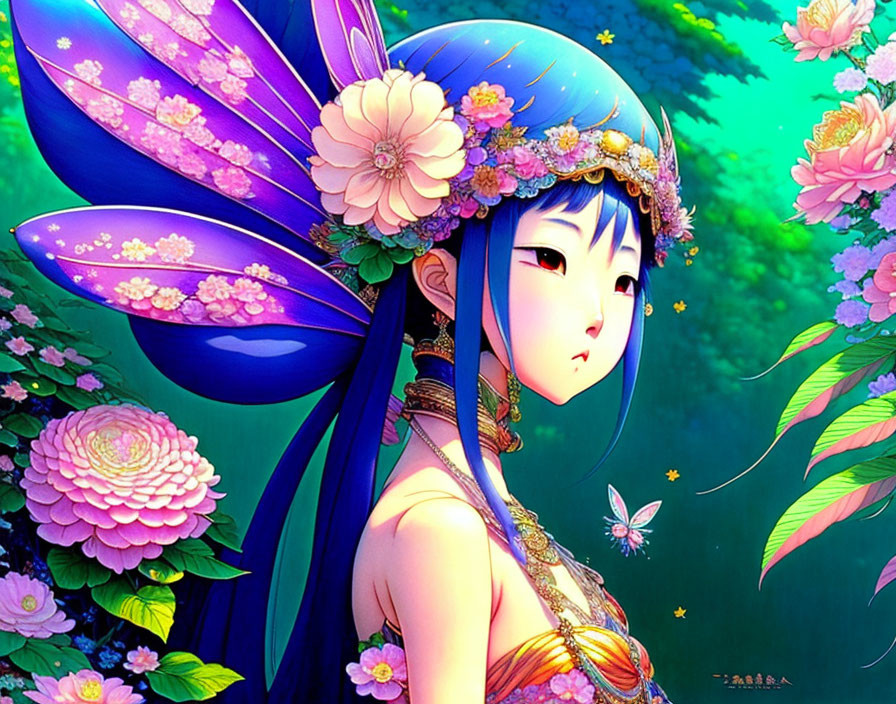 Blue-winged anime character in lush floral setting