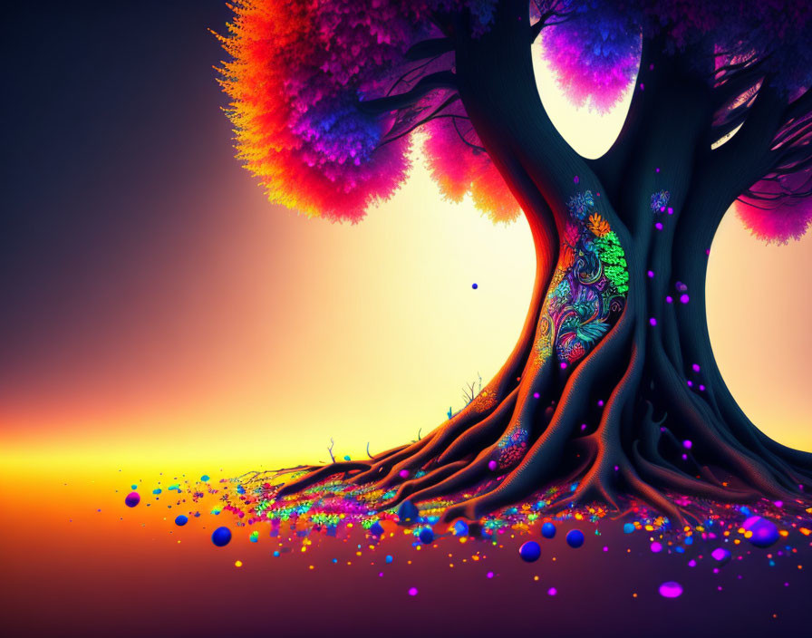 Colorful digital artwork: whimsical tree with peacock design, sunset backdrop