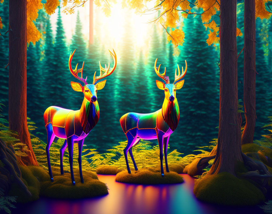 Multicolored deer in mystical forest with radiant sunlight