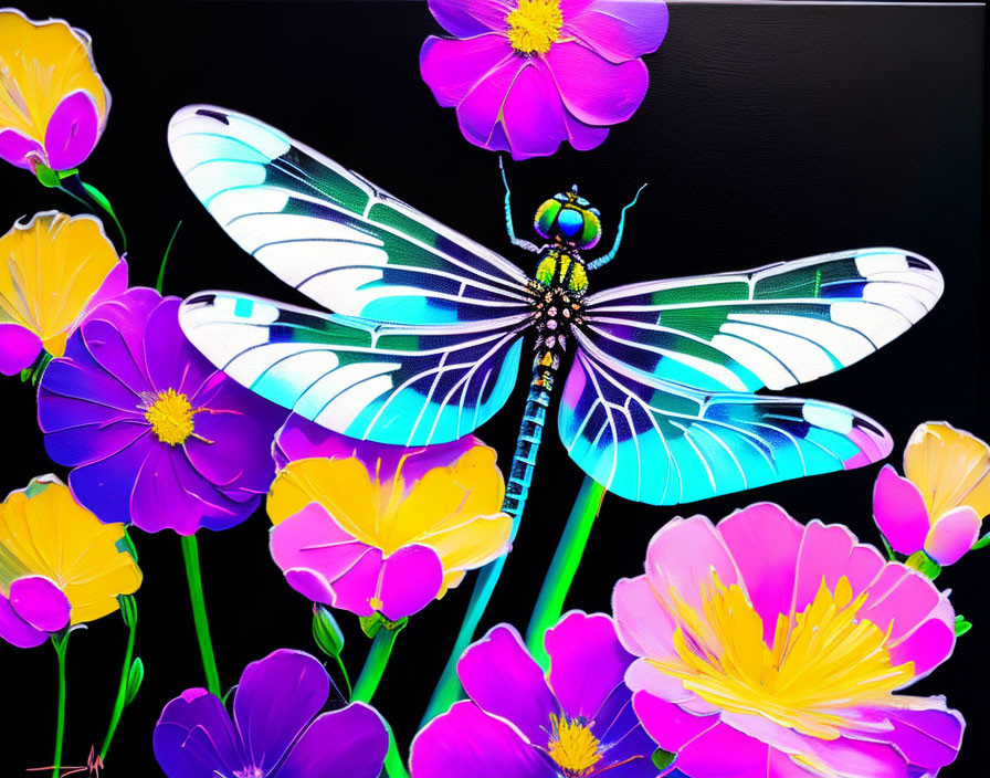 Colorful Dragonfly Art with Translucent Wings and Flowers on Dark Background