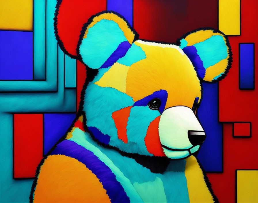 Vibrant geometric teddy bear art on abstract background