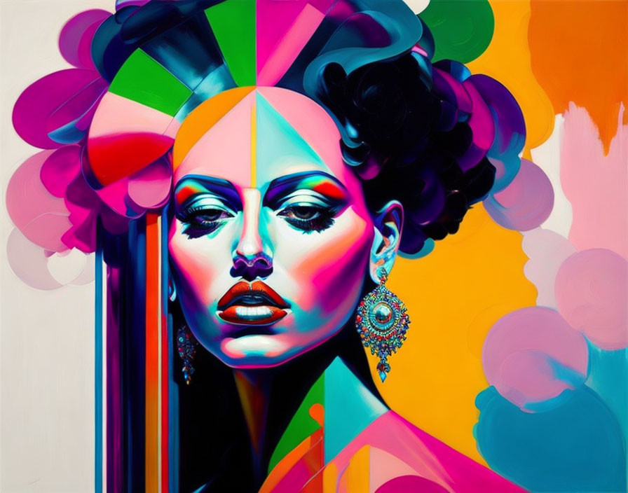 Colorful Geometric Shapes Adorn Stylized Woman Artwork