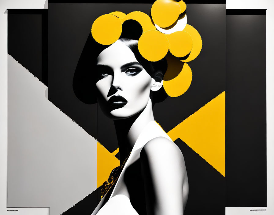 Monochrome portrait of a woman with bold geometric shapes and yellow accents