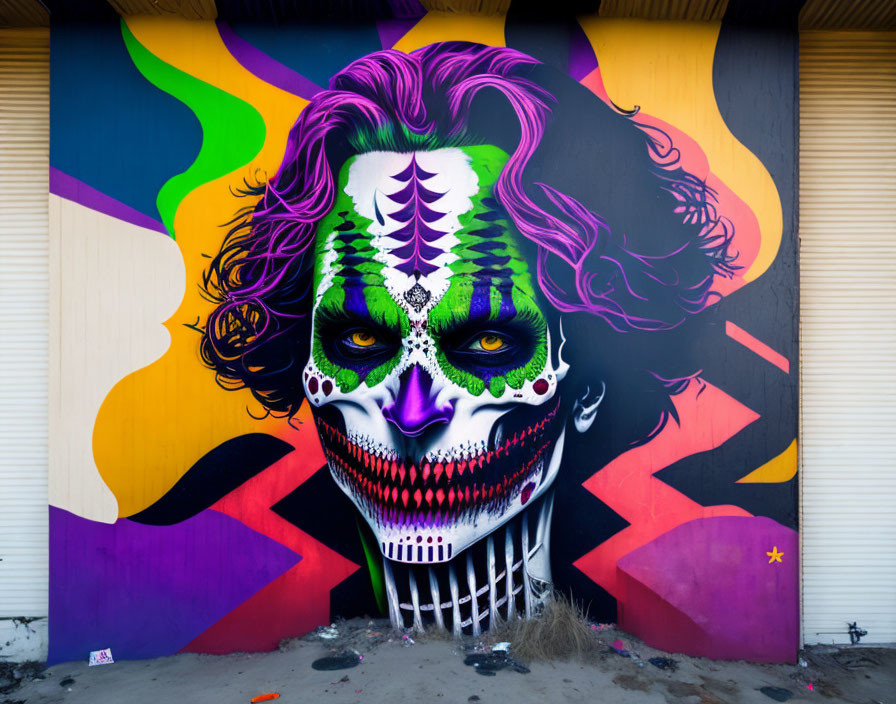 Colorful Day of the Dead skull mural on exterior wall