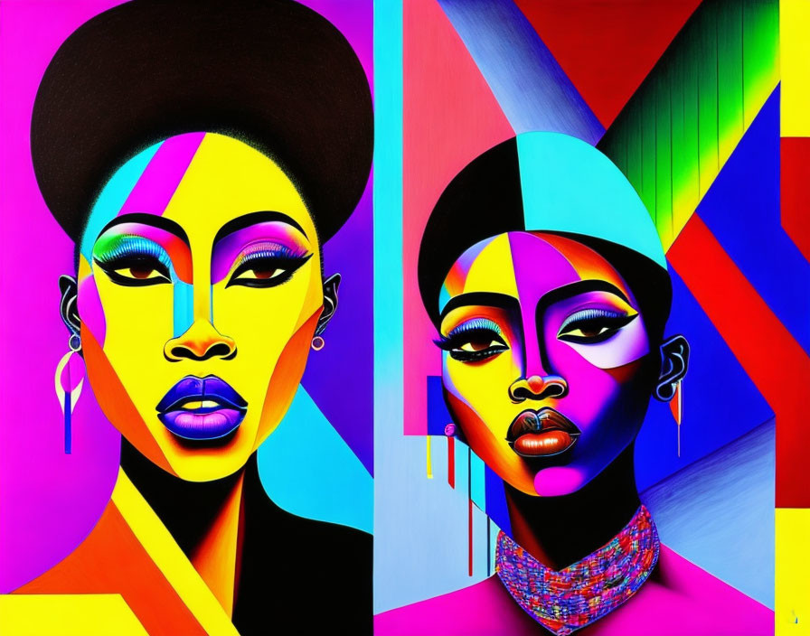 Colorful Pop Art Featuring Two Women with Bold Makeup and Geometric Background