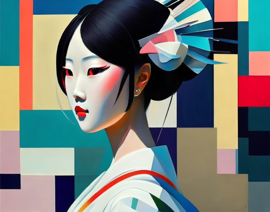Stylized painting of woman in traditional Asian attire on colorful background