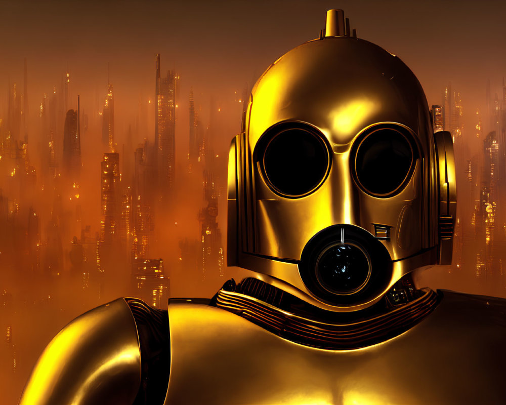 Close-up Golden Humanoid Robot Head with Futuristic Cityscape Background